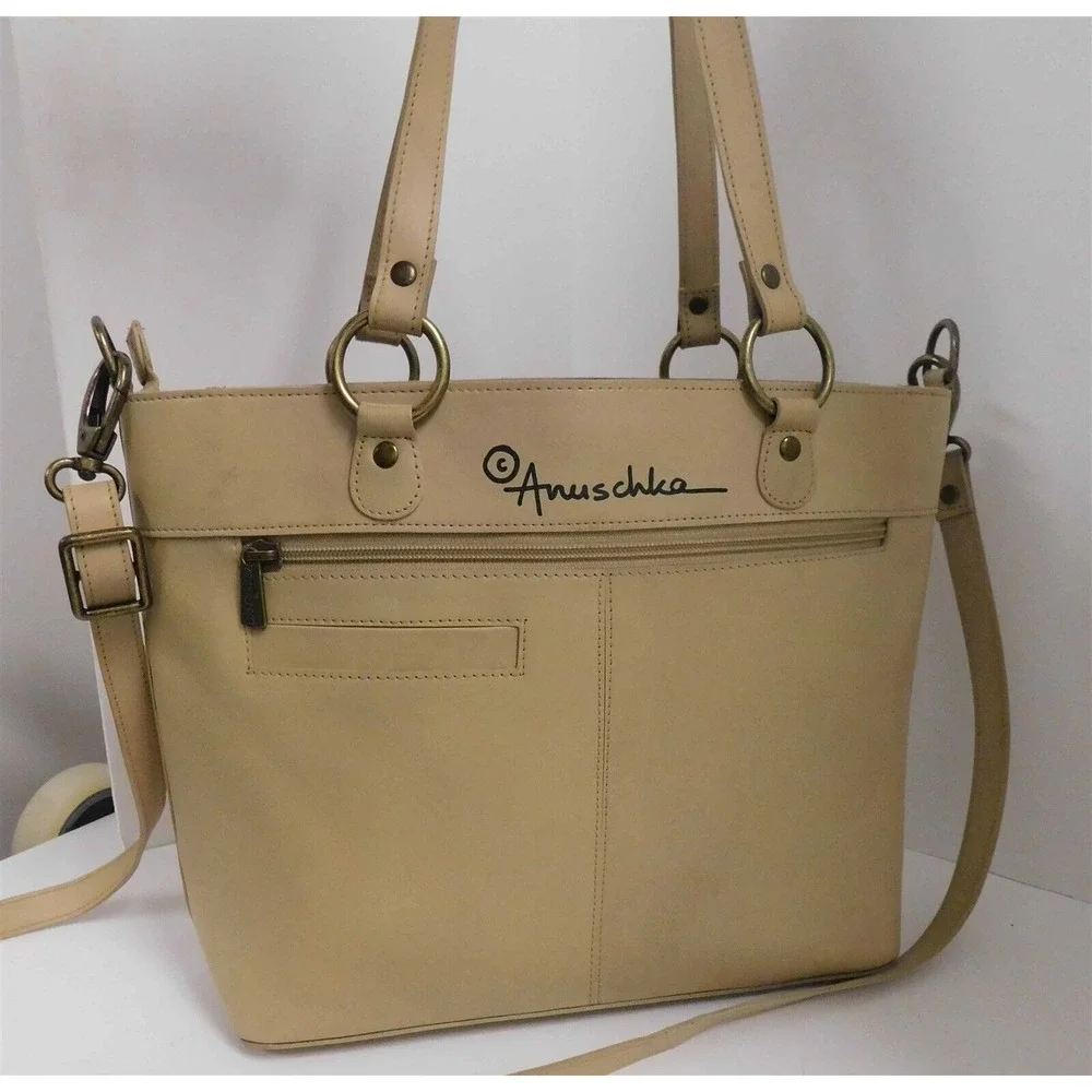 Anuschka Hand Painted Embroidered Tan Leather Parrot Large Tote Shoulder Bag‎